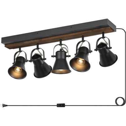 5-Light Plug-In Track Light Fixtures Ceiling/Wall Mount, Adjustable Ceiling Spotlight,Industrial Black Kitchen Track Lighting Fixtures Ceiling For Living Room, Dining Room, Hallway,Bathroom.