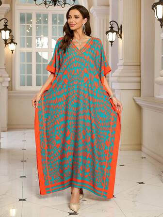 Robe arabe à manches chauve-souris et col en V en tissu tressé, longue, imprimé multicolore éclatant. Caftan pour femmes