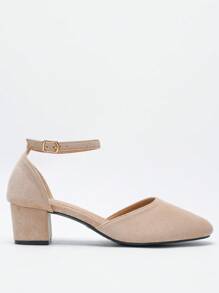 Women's Fashionable Versatile Pointed Toe Hollow Buckle Strap Chunky Heel Shoes, Open Back Slip-On Elegant High Heels For All Seasons, 2025 New Summer Collection Wide Fit - Apricot - View 8