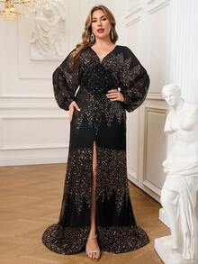 Seomiscky Middle-East Women Sexy V Neck Long Sleeve Sequin Split Party Elegant Dress - Gold - View 4