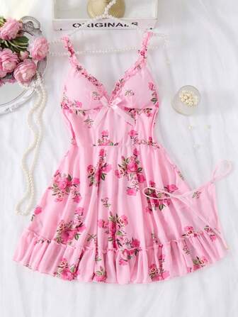 2 Pieces Sexy Lingerie Sleepwear Set - Complete Two Pieces Ensemble With Coordinating Thong Panty, Delicate Ruffled Hemline, And Easy-Adjust Straps For A Perfect Fit - Vibrant Floral Pattern, Sultry Nighttime Dress For Women