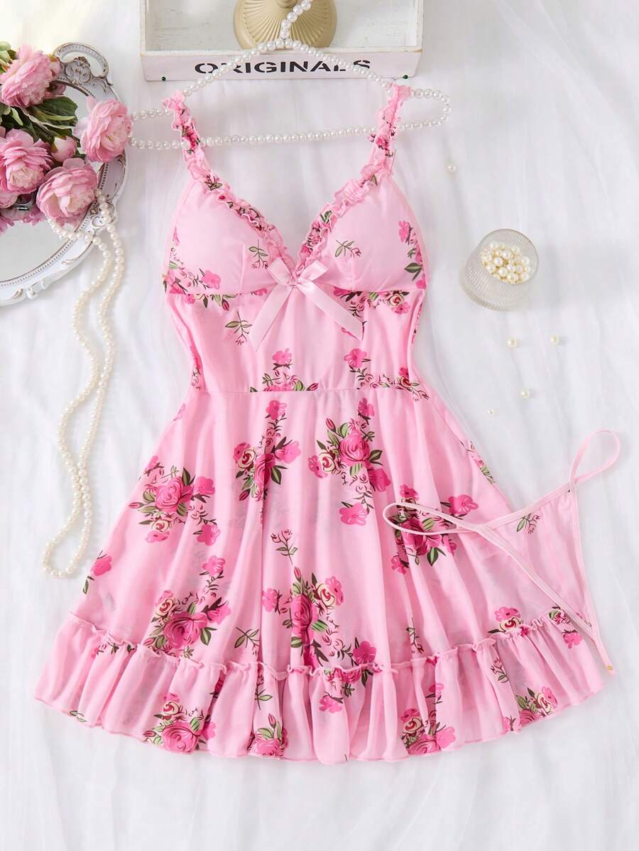 2 Pieces Sexy Lingerie Sleepwear Set - Complete 2 Pieces Set With Matching Thong, Delicate Ruffle Hem, Vibrant Floral Print - Pink - View 1