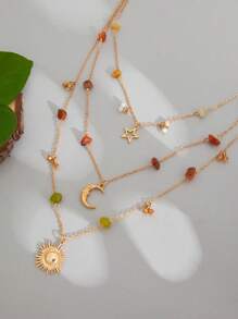 1pc Vintage Multi-Element Metal Moon, Star, Sun Pendant Necklace, Boho Asymmetrical Turquoise & Faux Pearl Beaded Necklace, Suitable For Women Daily & Vacation Decoration (The Size And Color Depth Of The Turquoise Shape Are Random And Subject To The Actual Item)