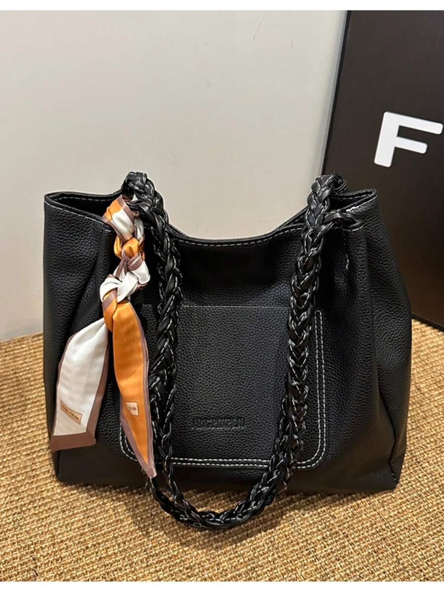 女士复古皮革托特包，大容量，2025春季个性斜挎包，适合工作和通勤，附赠1条随机颜色围巾 - 黑色 - 查看 1