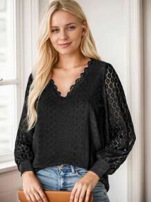 hoteel V-Neck Lace Loose Top Lace Patchwork Balloon Sleeves Blouse Elegant - màu đen - Xem 3
