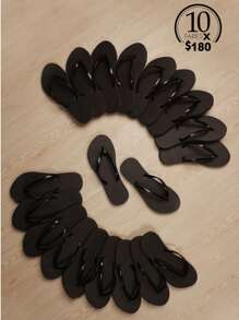 Paquete de 10 pares de sandalias planas tipo chanclas básicas para mujeres, sencillas, prácticas y multifuncionales. - Negro - Ver 1
