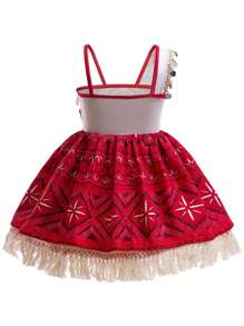 女童冒险服装连衣裙公主裙女孩生日装派对流苏连衣裙配项链发夹 - 紅色 - 查看 5