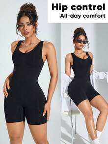 Women Solid Color Fashionable Slimming Waist Lift Hip Jumpsuit - Black - View 3