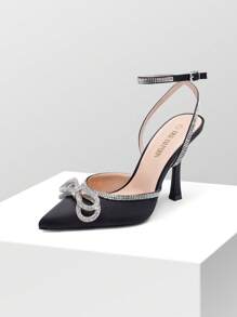 Women's Rhinestone Ankle Strap High Heels Destiny Closed Toe Strappy Heels Sexy  Pumps Wedding Bridal Party Prom Dress Shoes - 黑緞 - 查看 4