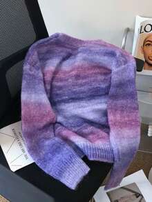 女士针织休闲复古渐变色纽扣宽松开衫，秋季 - 紫色 - 查看 2