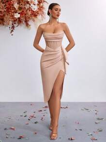 Elisanya 女式荷叶边饰网眼撞色露背前开衩晚会礼服优雅夏季毕业酒会礼服 - 肉色 - 查看 5