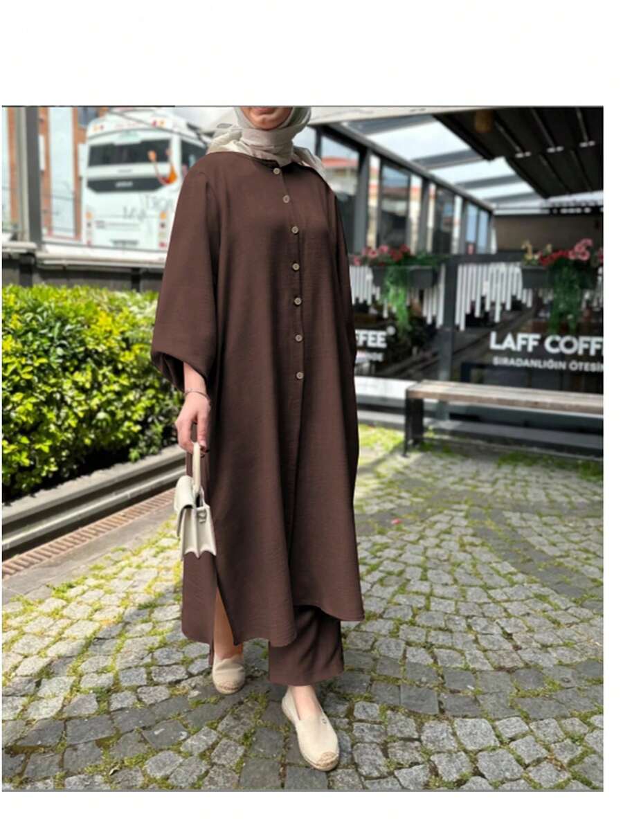 休闲闭合灯笼长袖、排扣、下摆侧开衩女士阿拉伯风格礼服套装，端庄 - 咖啡棕 - 查看 1