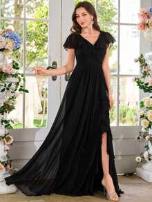 雪纺简约性感深 V 领褶饰紧身派对婚纱、伴娘礼服