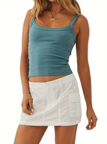 Womens Slim Ribbed Tank Tops Sleeveless Scoop Neck  Solid Color Shirts Basic Tops - Dark Green - View 2