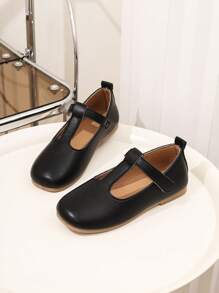 1 双女童黑色平底鞋，PU 钩环可调节尺寸圆头 TPR 防滑轻便舒适纯色时尚芭蕾平底鞋，适合 5-14 岁小学生和中学生在校园和户外休闲散步，4 个季节 - 黑色 - 查看 3