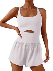 Women Solid Color Cami Playsuits Sleeveless Sports Short Jumpsuits Summer Cross Backless Romper Tracksuits - White - View 3