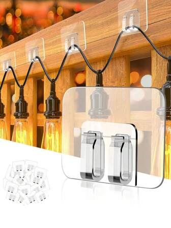 50 Stück wasserfeste, UV-beständige, werkzeugfreie Outdoor-Lichterklemmen mit Klebestreifen - für Schäden frei, geeignet für Weihnachten, Hof, Garten, Balkon Dekoration, Licht Aufhänge Clips