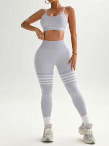TCVC 女士高弹力运动胸罩和裤子套装，无缝针织，高腰收腹，蜜桃臀，亲肤面料，紧身塑形，休闲百搭，内层，适合所有季节，运动和瑜伽装 - 淺灰色 - 查看 4