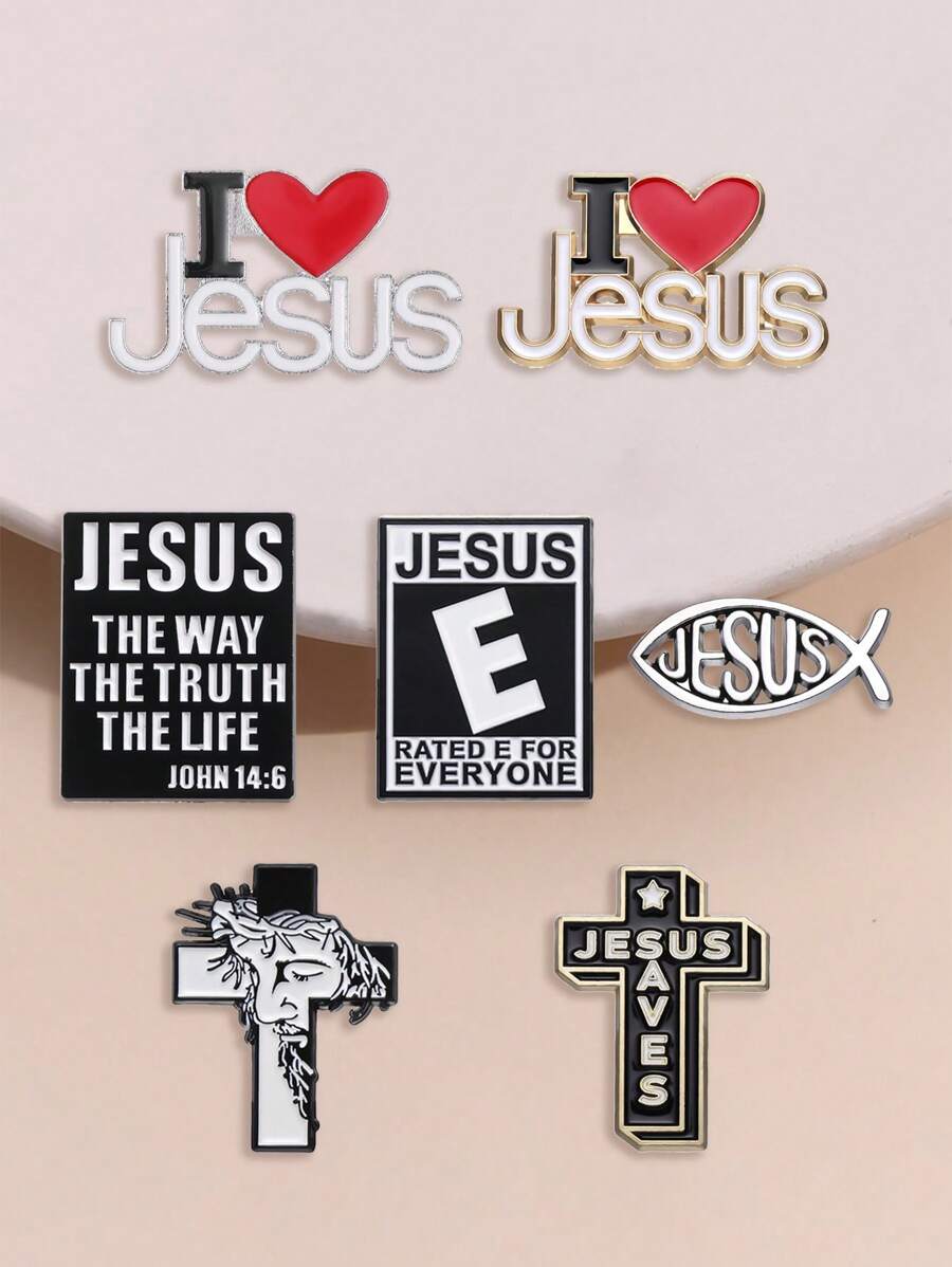 7pcs Jesus Saves Enamel Pins Simple Black Fish Shape Vintage Brooches Lapel Badges Classic Jewelry Gift For Friends - Multicolor - View 1
