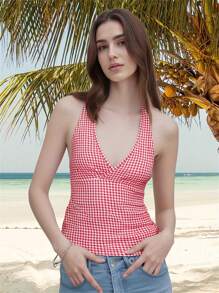 Women Tank Tops Plaid/Dot Print V-Neck Halter Neck Vests Summer Sleeveless Tops Streetwear - Red - View 5