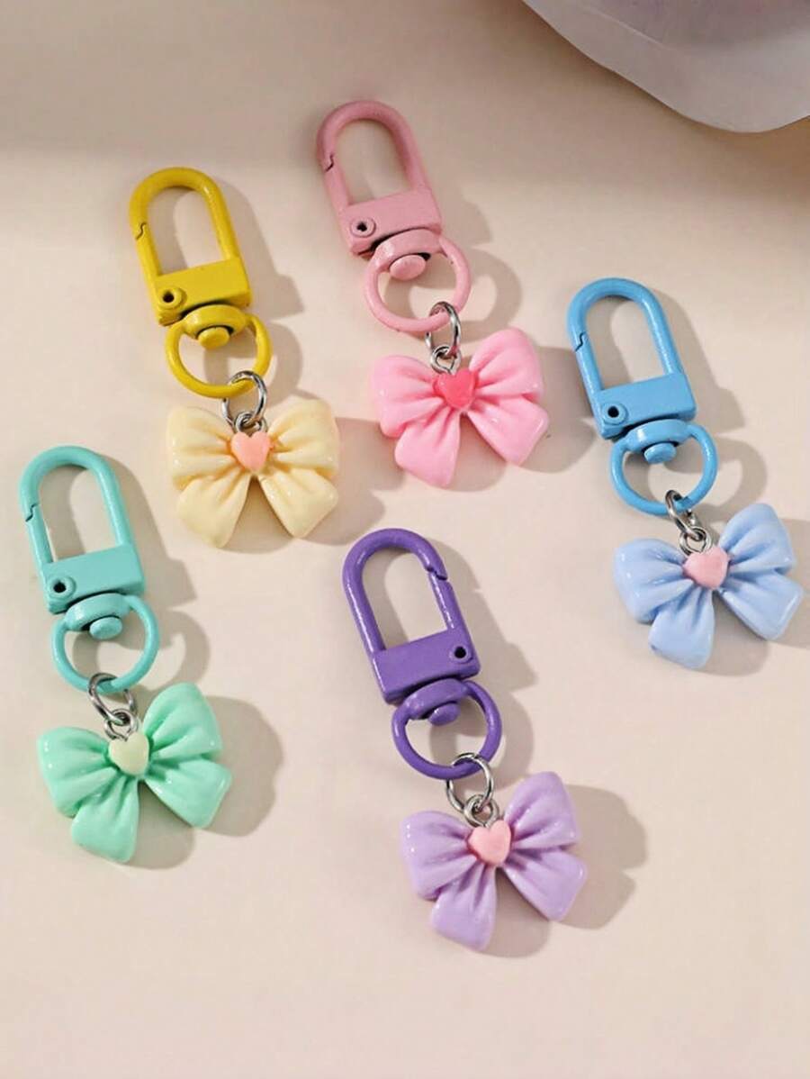 5pcs Colorful Spring-Themed Macaron Bow Metal Spinning Keychains, Cute Cartoon Design