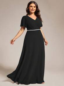 V-Neck Pleated Ruffle Sleeve Chiffon Elegant Maxi Plus Size Bridesmaid Dress - Black - View 3