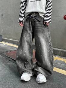 1 chiếc quần jeans nam dáng rộng, phong cách vintage, rách rưới với họa tiết vẩy sơn (Không bao gồm thắt lưng và phụ kiện) - Xám - Xem 2