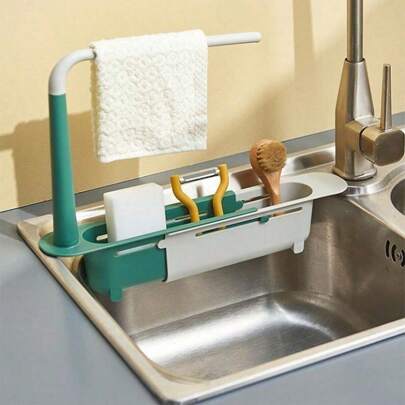 Organizador ajustable y telescópico para el fregadero con drenaje rápido y base antideslizante - Estantería de almacenamiento multifuncional para el fregadero de la cocina, encimera del baño, autocaravanas, cocina al aire libre y organización de espacios reducidos | Soporte expandible para esponjas
