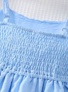 Young Girl Cute Bowknot Adjustable Strap Pleated Double-Layer Hem Light Blue Dress - Blue - View 5