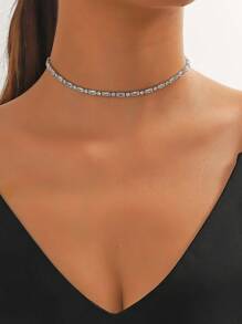 1pc Women's Flower-Shaped Double-Layer Zirconia Crystal Necklace, Fashionable Formal Dress Accessory - Silver - View 5