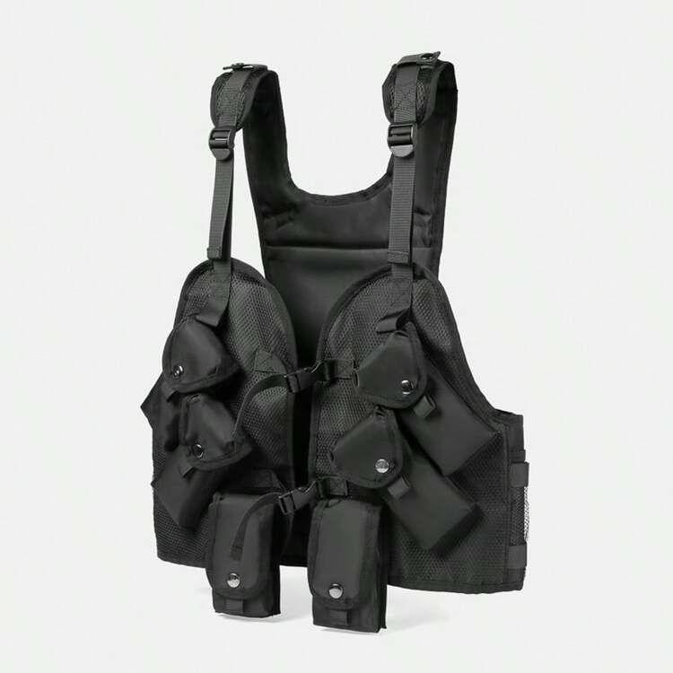 1 件酷炫战术背心，带多个口袋，专为实用和时尚需求而设计，适合户外探险、战术训练和街头时尚 - 黑色 - 查看 2