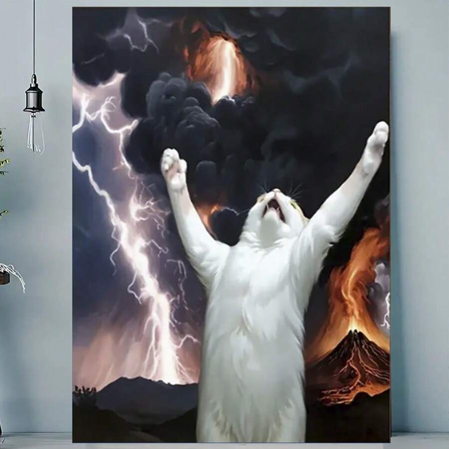Framed 1pc Renaissance-Style Meme Art Canvas Print,   Cat Summoning Apocalypse, High-Quality Matte Paper, Humorous Wall Decor For Home, Bedroom, Kitchen, Living Room, Bathroom, Hotel, Cafe, Office - 框架 - 查看 1
