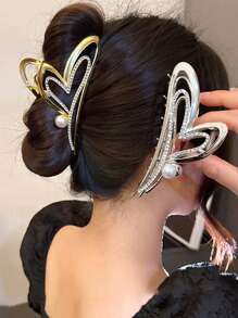 1 件不对称珍珠和水钻心形装饰发夹，优雅适合日常和派对使用发夹发夹发夹发夹发夹