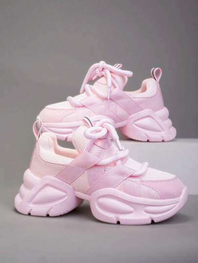 Fall/Winter Women's Solid Color Mesh Thick Sole Sneakers, Lace-Up Breathable Running Shoes, Thick Sole Chunky Sneakers