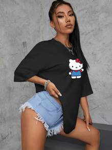 Hello Kitty 女款 T恤、睡衣、趣味上衣、度假夏季穿搭、趣味睡眠襯衫、服飾、睡袍、家居休閒圖案 T恤 - 黑色 - 查看 4