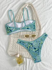 2pcs Women Printed Swimsuit With Removable Strap Bikini Set, Suitable For Island Vacation And Photography