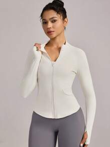 VUTRU 1Pc Zipper Rib Knit Splicing Pockets Tight Jacket With Thumb Hole Yoga Running Daily - Apricot - View 6