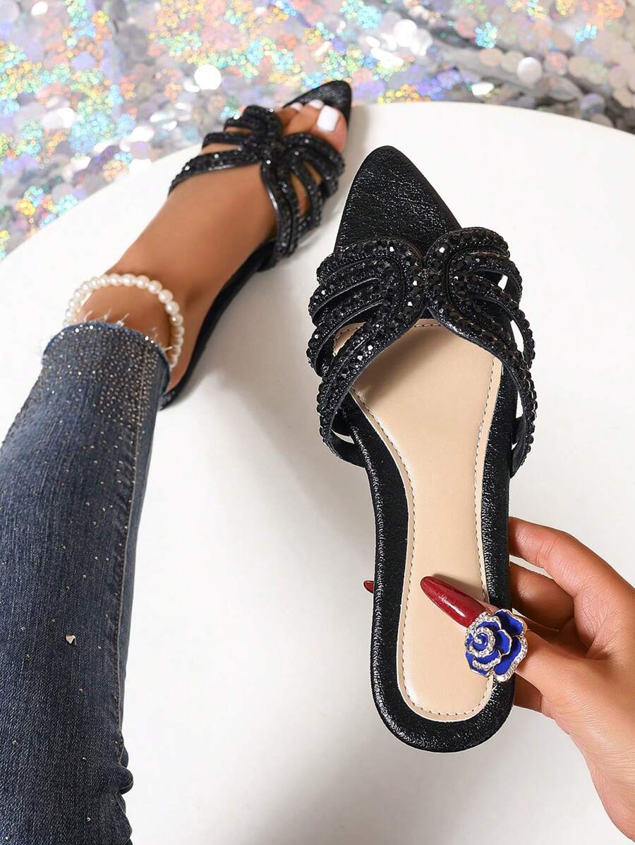 Rhinestone Pointed-Toe Slippers, Shiny New Brand Fashionable Casual H-Shape Strap Slides, For Spring/Summer - Black - View 1