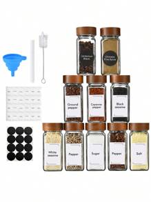 6-12 piezas Frascos de especias etiquetados, Frascos de especias de vidrio con tapas de bambú, Suministros esenciales de cocina, Juego de frascos de especias, Juego de cocina, Estante de especias, Estante de especias para gabinete - Marrón-10 piezas - Ver 5