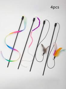 3入組貓咪挑逗棍玩具，帶有羽毛和多彩帶子，適合寵物玩樂 - 彩色 - 查看 8