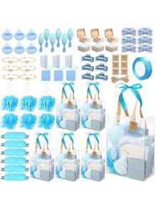 74/68Pcs Gender Disclosure Prizes For Game Winners Gender Disclosure Favors Gifts Including Headband Hair Brush Jewelry Box With Bracelet Mirror Powder Puff Hair Tie Hair Claw Bath Sponges Gift Bags - 彩色 - 查看 3