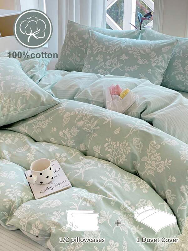 2/3pcs Flower Printing, Small Floral, Leaves, Cotton Anti-Pilling, Girls, Students, Fresh And Simple, Super Soft, Lovely, Four Seasons, Sanding Quilt Cover, Home Bedding, Kit, Excluding Quilt Core,Twin Queen King