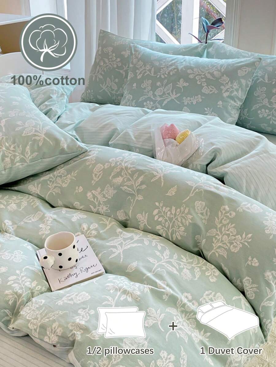 2/3pcs Flower Printing, Small Floral, Leaves, Cotton Anti-Pilling, Girls, Students, Fresh And Simple, Super Soft, Lovely, Four Seasons, Sanding Quilt Cover, Home Bedding, Kit, Excluding Quilt Core,Twin Queen King - Pastel Green - View 1