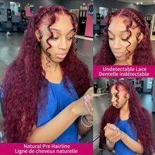 40 Inch Burgundy 13x4 Lace Front Wigs Human Hair Wigs For Women 99J Deep Wave Wigs 200% Density Glueless Wet And Wavy Red Colored Curly Human Hair Wig Pre Plucked 13x4 Transparent Lace Frontal Wigs - 酒紅色 - 查看 3