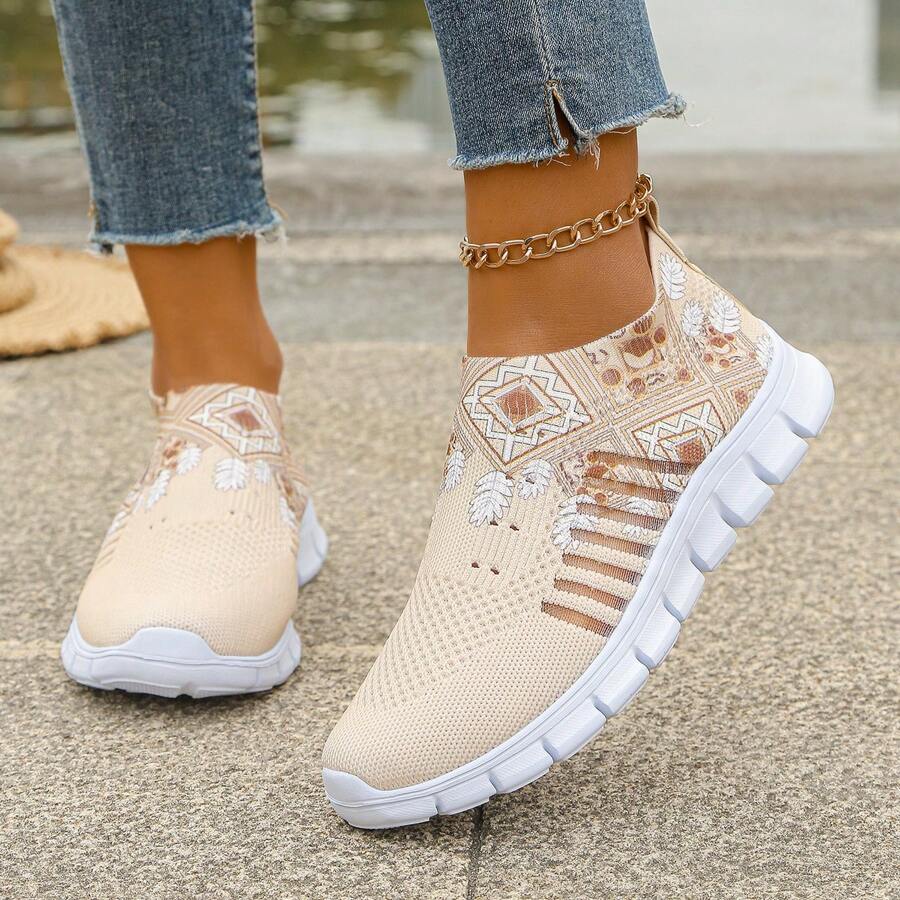 New Women Knitted Casual Sneakers, Soft Sole Breathable Deodorizing Lightweight Low-Top Fashion Hollow-Out Sports Shoes For Women - Khaki - View 1