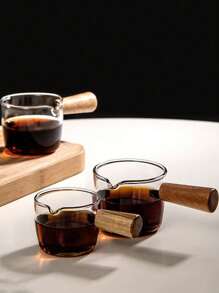 50/100ml Glass Espresso Measuring Cup With Tropical Wood Handle Graduated Markings For Coffee Shops Kitchen Drinkware Clear Glass Milk Cup Heat Resistant Wood Handle Double Spout Espresso Measure Mug Barista Accessories