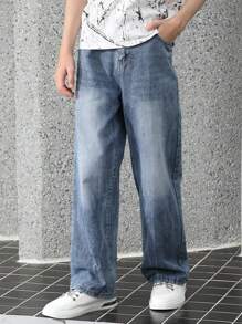 Retro Fashion Versatile Design Straight-Leg Jeans - Medium Wash - View 5