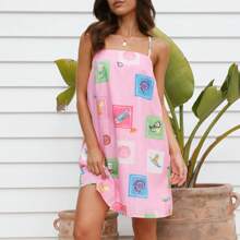 Women Summer Vacation Beach Mini Sundress Casual Slip Short Dress  Spaghetti Straps Backless Graphic Print Dresses