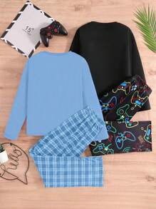 4-Piece Fashion Casual Boys Loungewear Set, Long Sleeve Top With Letter And Game Console Print, Paired With Black And White Plaid And All-Over Game Console Print Comfortable Pants, Multi-Piece Set, Suitable For 4 Seasons Daily Casual Home Wear - Multicolor - View 3