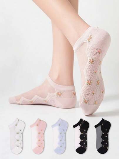5 Pairs Women's Multicolor Assorted Socks, Transparent Glass Fiber, Floral Bottom, Lightweight, Breathable Knit Fabric, Ankle Socks, Suitable For Home, Commuting, Party, Date, Holiday Gift